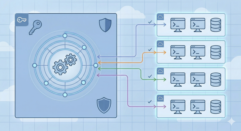 Diagram illustrating the Shared VPC model, with a centralised host project on the left containing network governance controls including security policies and IAM, connected via colour-coded authorised pathways to four service project groups on the right, each containing compute instances and database resources.