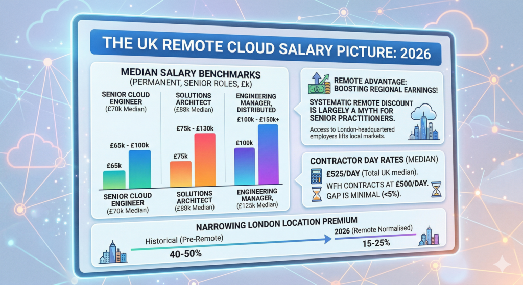 An infographic infographic dashboard titled 'THE UK REMOTE CLOUD SALARY PICTURE: 2026' displayed on a glowing digital interface, referencing data integrated with image_4.png. The central focus is three vertical bar charts (Senior Cloud Engineer £70k Median, Solutions Architect £88k Median, Engineering Manager Distributed £125k+ Median) with colored bars detailing specific salary ranges. Callout boxes to the right quantify the 'Remote Advantage' and minimum gap in Contractor Day Rates (£525 total vs £500 WFH). A timeline at the bottom charts the decreasing London Location Premium down to 15-25%.