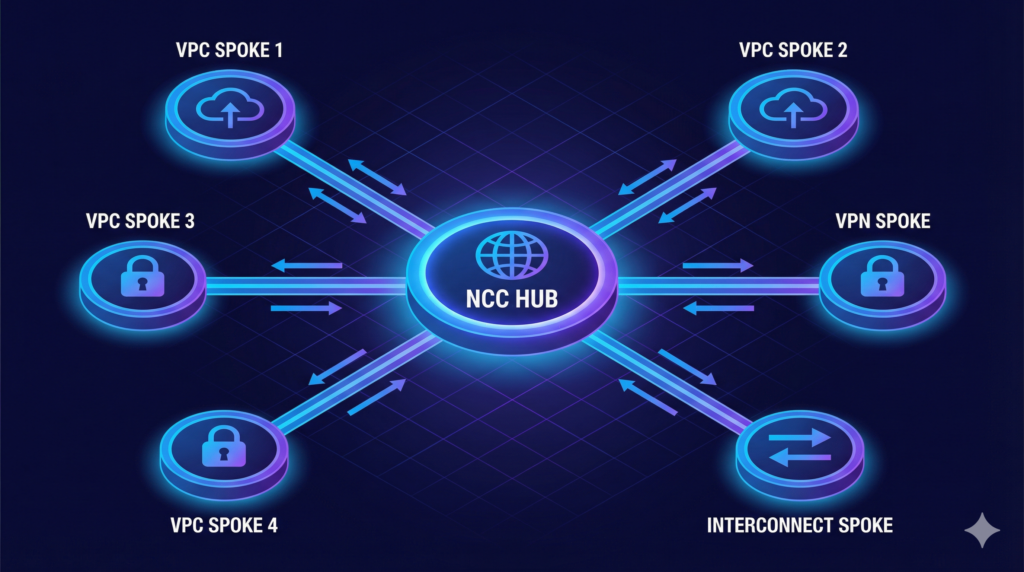 Isometric diagram of a Network Connectivity Center hub-and-spoke topology showing a central NCC Hub globe icon connected via bidirectional route-exchange arrows to six spoke nodes: VPC Spoke 1, VPC Spoke 2, VPC Spoke 3, VPC Spoke 4, VPN Spoke, and Interconnect Spoke, illustrating transitive connectivity across cloud and hybrid network types.