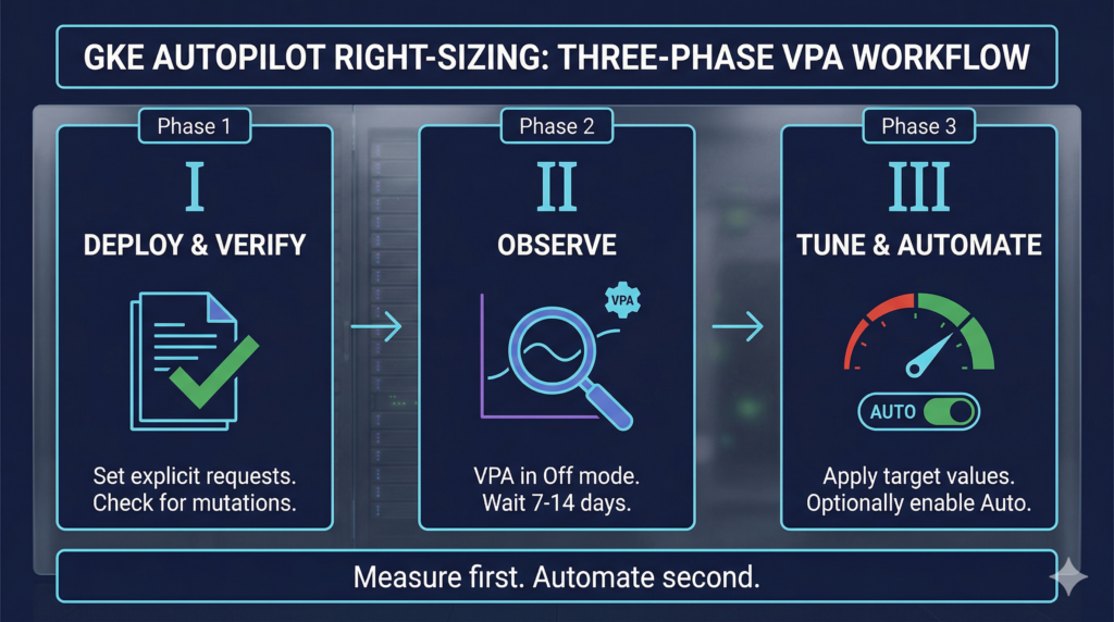 A three-panel workflow diagram titled "GKE Autopilot Right-Sizing: Three-Phase 
VPA Workflow." Phase 1, Deploy and Verify, shows a document with a green 
checkmark and the instruction to set explicit requests and check for mutations. 
Phase 2, Observe, shows a magnifying glass over a line graph with a VPA cog 
icon and the instruction to run VPA in Off mode for 7 to 14 days. Phase 3, 
Tune and Automate, shows a gauge moving from red to green with an AUTO toggle 
switch and the instruction to apply target values and optionally enable Auto. 
A caption reads: Measure first. Automate second.