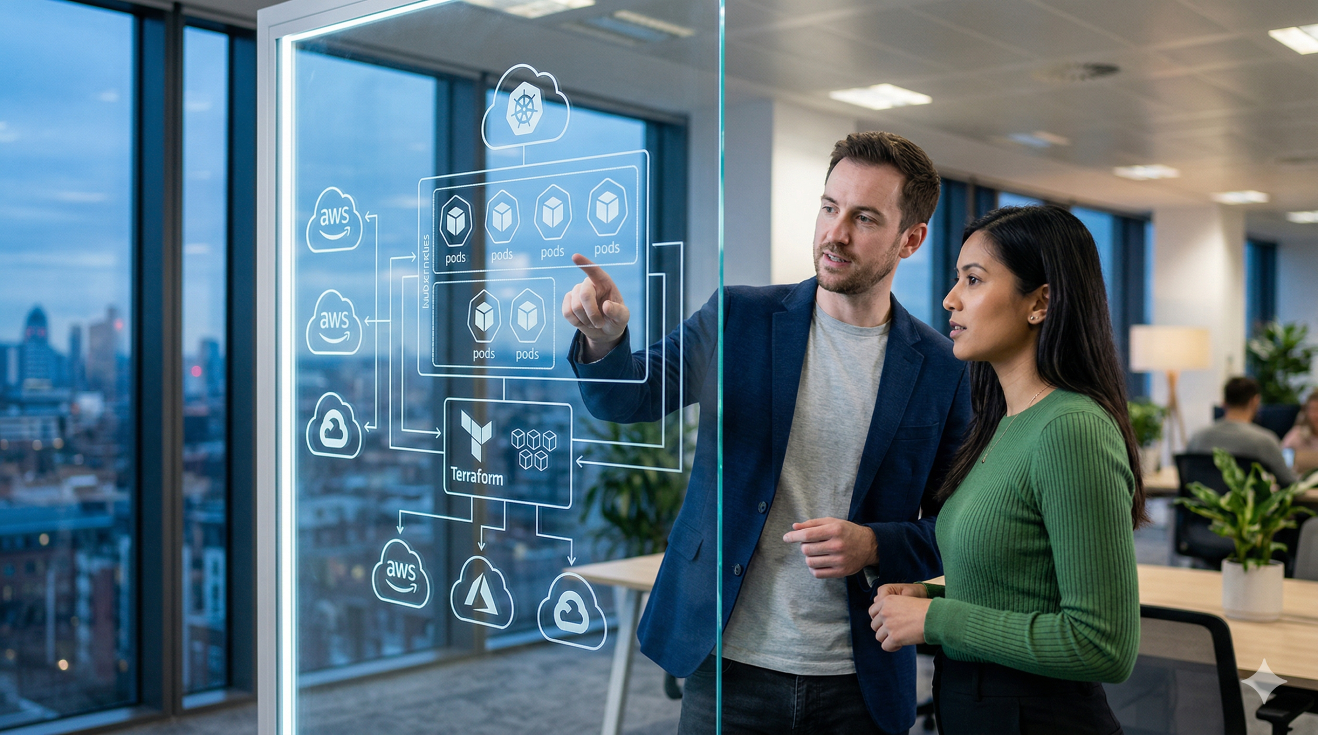 A senior cloud engineer explains a Kubernetes and Terraform architecture diagram on a glass panel to a colleague, with a London skyline at dusk in the background.