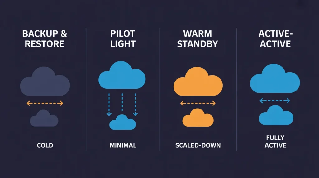 Comparison of four multi-region disaster recovery patterns: Backup and Restore with cold standby, Pilot Light with minimal infrastructure, Warm Standby with scaled-down infrastructure, and Active-Active with fully active regions.