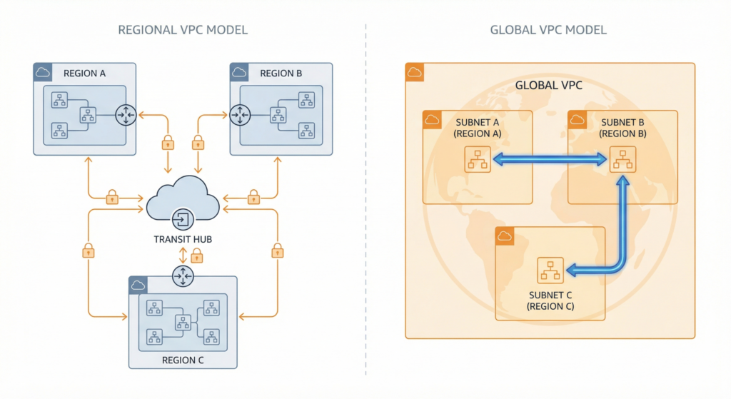 Side-by-side architectural comparison showing the regional VPC model on the left, where three separate regional VPCs connect via a central transit hub with encrypted tunnels, versus the global VPC model on the right, where a single global VPC contains three regional subnets communicating directly over Google's internal network without a transit layer.