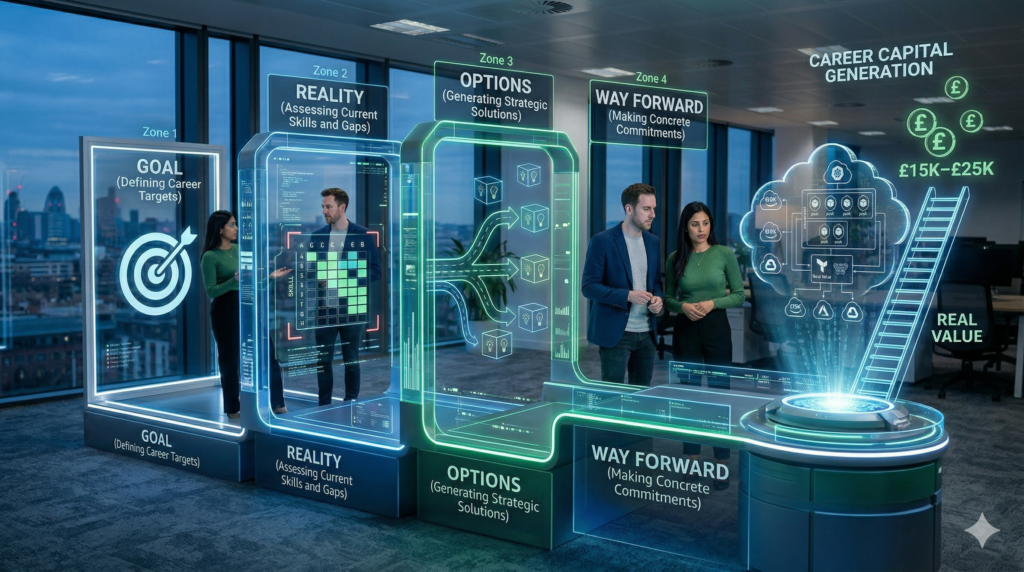 Four-stage GROW model framework illustrated as sequential zones in a modern office: Goal defining career targets, Reality assessing current skills and gaps, Options generating strategic solutions, and Way Forward making concrete commitments, with a £15K to £25K career capital generation outcome shown.