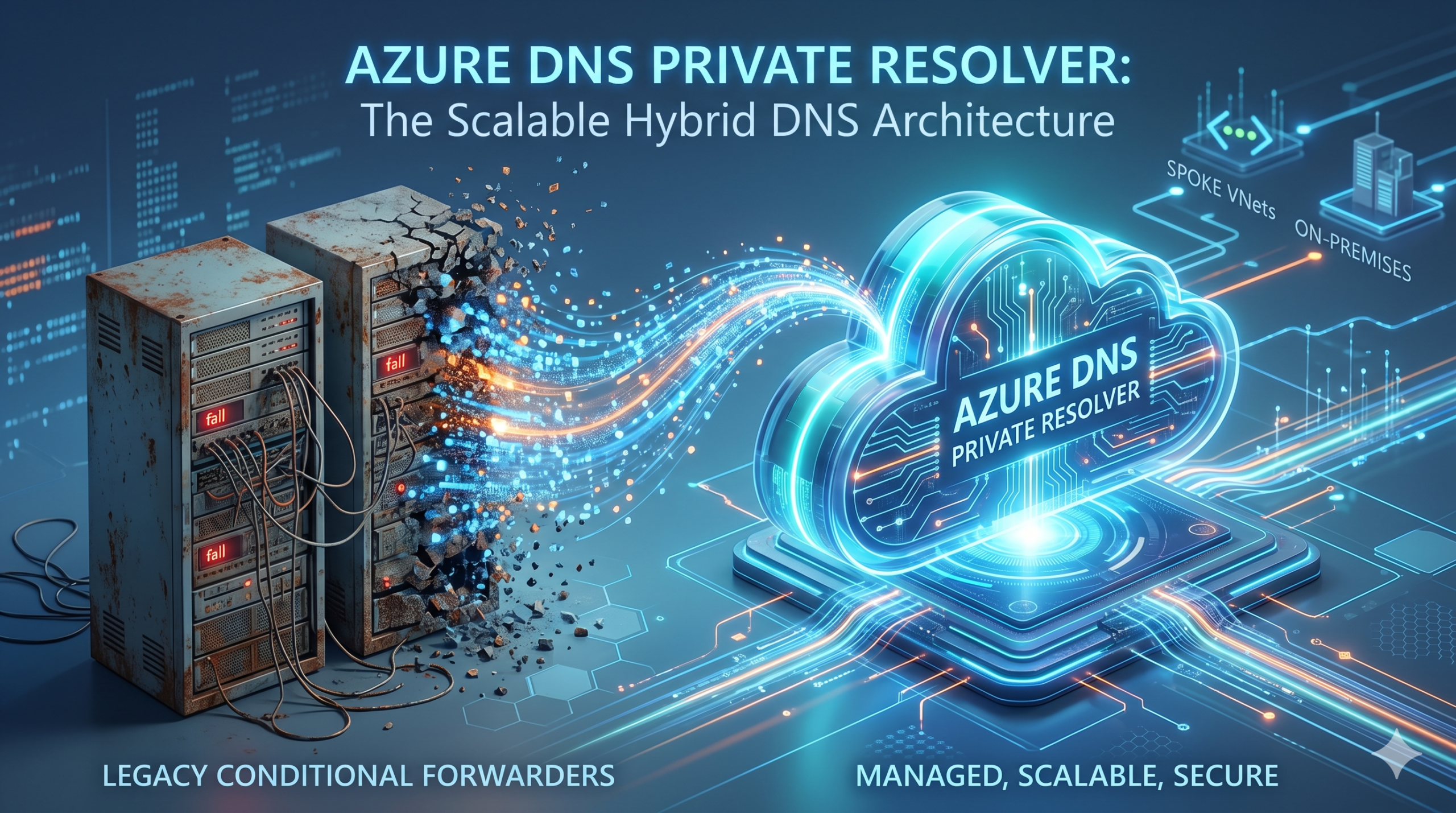A 3D digital illustration showing outdated rusty server racks transforming into a glowing blue cloud node labeled Azure DNS Private Resolver. The image visually contrasts legacy conditional forwarders with a modern scalable secure solution.