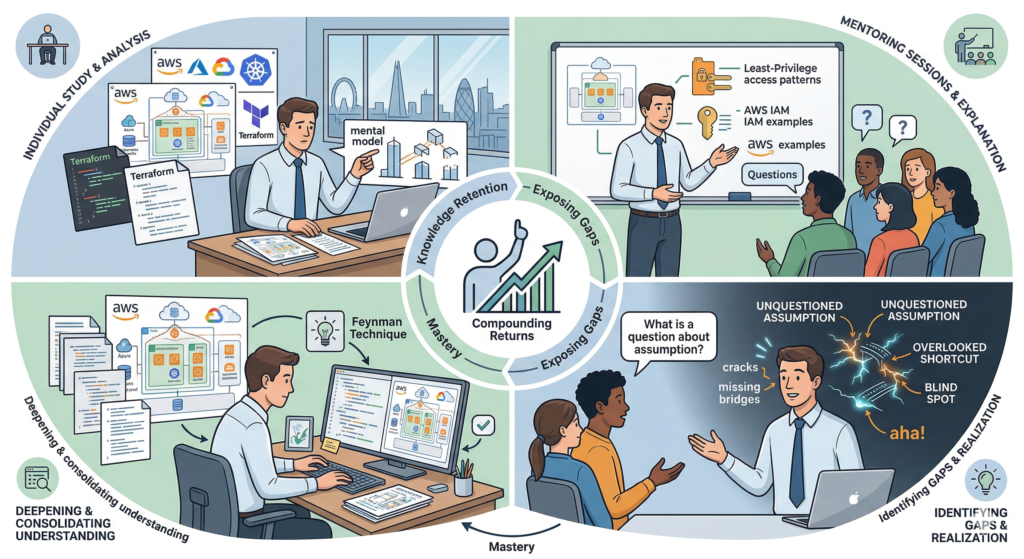 Circular diagram showing the compounding returns of technical mentoring, with four quadrants: individual study and analysis, mentoring sessions and explanation, identifying gaps and realisation, and deepening and consolidating understanding, with the Feynman Technique and AWS IAM examples illustrated.