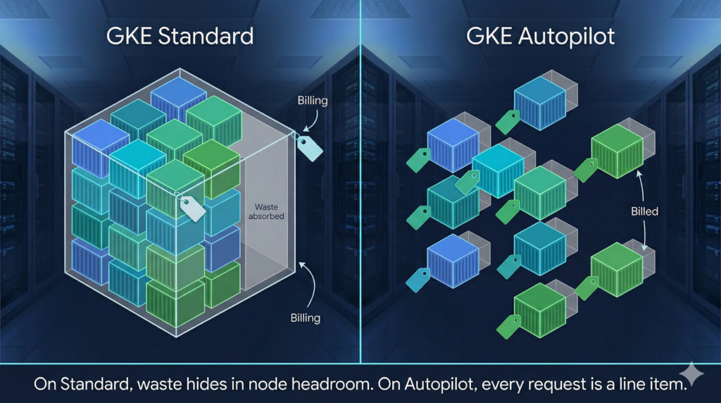 A side-by-side diagram comparing GKE Standard and GKE Autopilot billing 
models in a data centre setting. On the left, multiple container boxes 
sit inside a single transparent node boundary with one shared price tag 
labelled Billing, and excess empty space is labelled Waste absorbed. On 
the right, individual container boxes sit outside any enclosing boundary, 
each with its own price tag, and unused space per container is labelled 
Billed. A caption reads: On Standard, waste hides in node headroom. On 
Autopilot, every request is a line item.