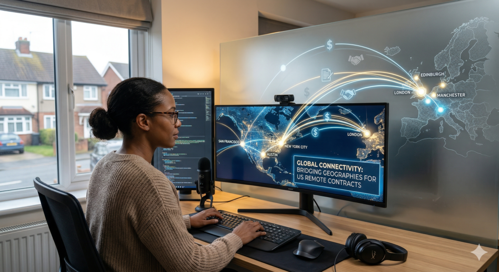 A detailed photograph of a female senior engineer or developer seated and intensely focused on a sophisticated multi-monitor desk setup in her home office. A second vertical screen to her left displays terminal code. Her main curved ultra-wide monitor is central and dominates the scene, showing a global data visualization with an overlaid text box that explicitly reads 'GLOBAL CONNECTIVITY: BRIDGING GEOGRAPHIES FOR US REMOTE CONTRACTS'. The visualization is a dark world map interface with glowing lines and symbolic icons (handshakes, documents, money signs) arcing across the Atlantic, connecting nodes like San Francisco, New York, and Austin to European cities, including London, Edinburgh, and Manchester. A frosted glass panel partition behind her desk is subtly etched with a map of the UK/Europe, over which the arcing glowing connectivity lines also traverse. Desk items include a high-end mechanical keyboard, mouse, a professional condenser microphone on a boom arm, and quality headphones resting on the desk. A window to the left provides a realistic view of a UK residential street, contrasting the advanced strategic technology. The overall impression is one of high-competence, cross-border professional opportunity.