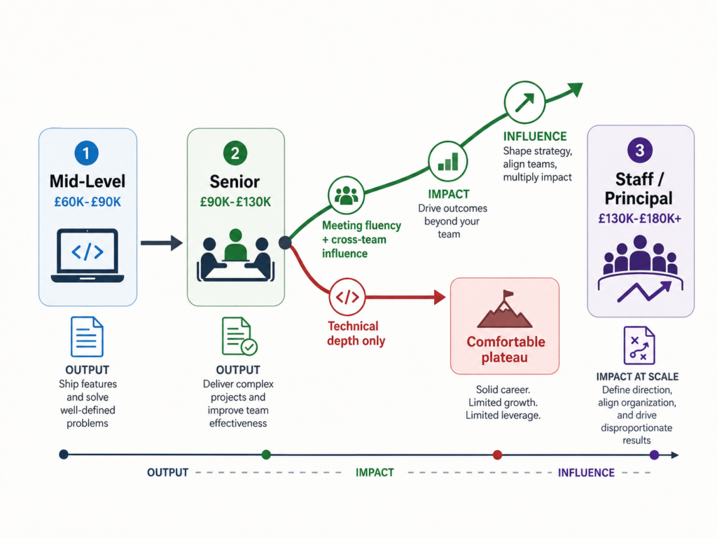 Diagram showing cloud engineering career progression from mid-level to senior, with one path leading to a technical plateau and another rising toward Staff and Principal roles through meeting fluency and cross-team influence.