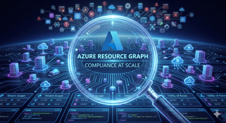 A digital illustration representing cloud infrastructure at scale. A glowing magnifying glass focuses on the center, displaying the Azure logo and the text AZURE RESOURCE GRAPH and COMPLIANCE AT SCALE. The background features a sprawling, illuminated network grid resembling a circuit board, while the foreground shows abstract data panels with metrics, code snippets, and the label Tenant Scope. The color scheme is predominantly deep blue and glowing cyan.