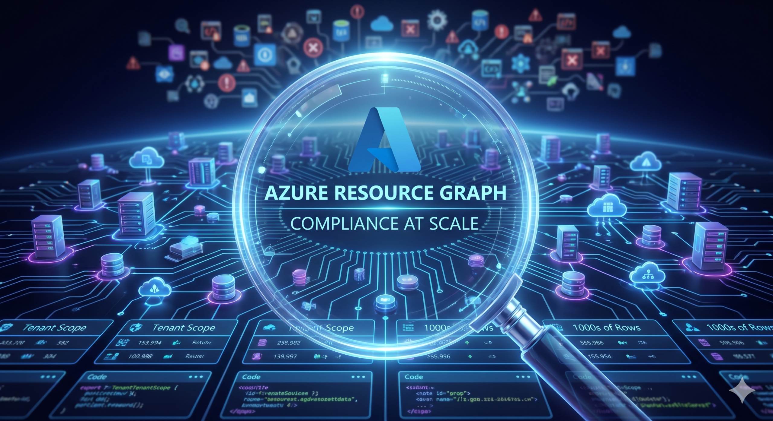 A digital illustration representing cloud infrastructure at scale. A glowing magnifying glass focuses on the center, displaying the Azure logo and the text AZURE RESOURCE GRAPH and COMPLIANCE AT SCALE. The background features a sprawling, illuminated network grid resembling a circuit board, while the foreground shows abstract data panels with metrics, code snippets, and the label Tenant Scope. The color scheme is predominantly deep blue and glowing cyan.