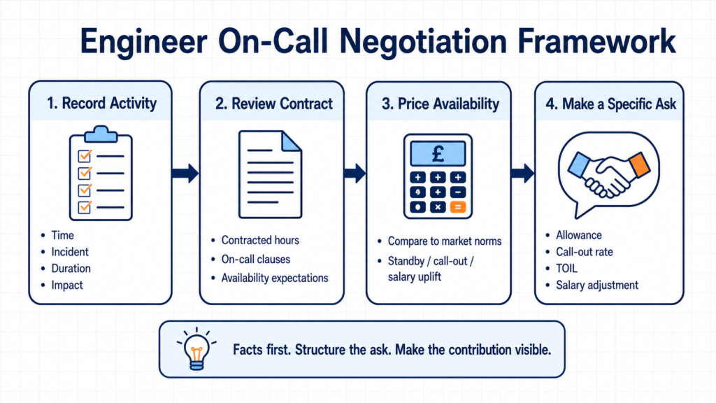 Four-step framework showing how engineers can record on-call activity, review their contract, price their availability, and make a specific ask.