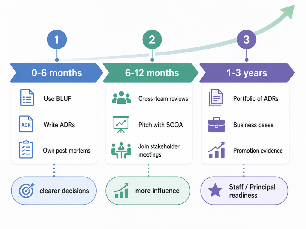 Roadmap showing how cloud engineers can build meeting fluency over 0–6 months, 6–12 months, and 1–3 years through BLUF, ADRs, post-mortems, cross-team reviews, business cases, and promotion evidence.