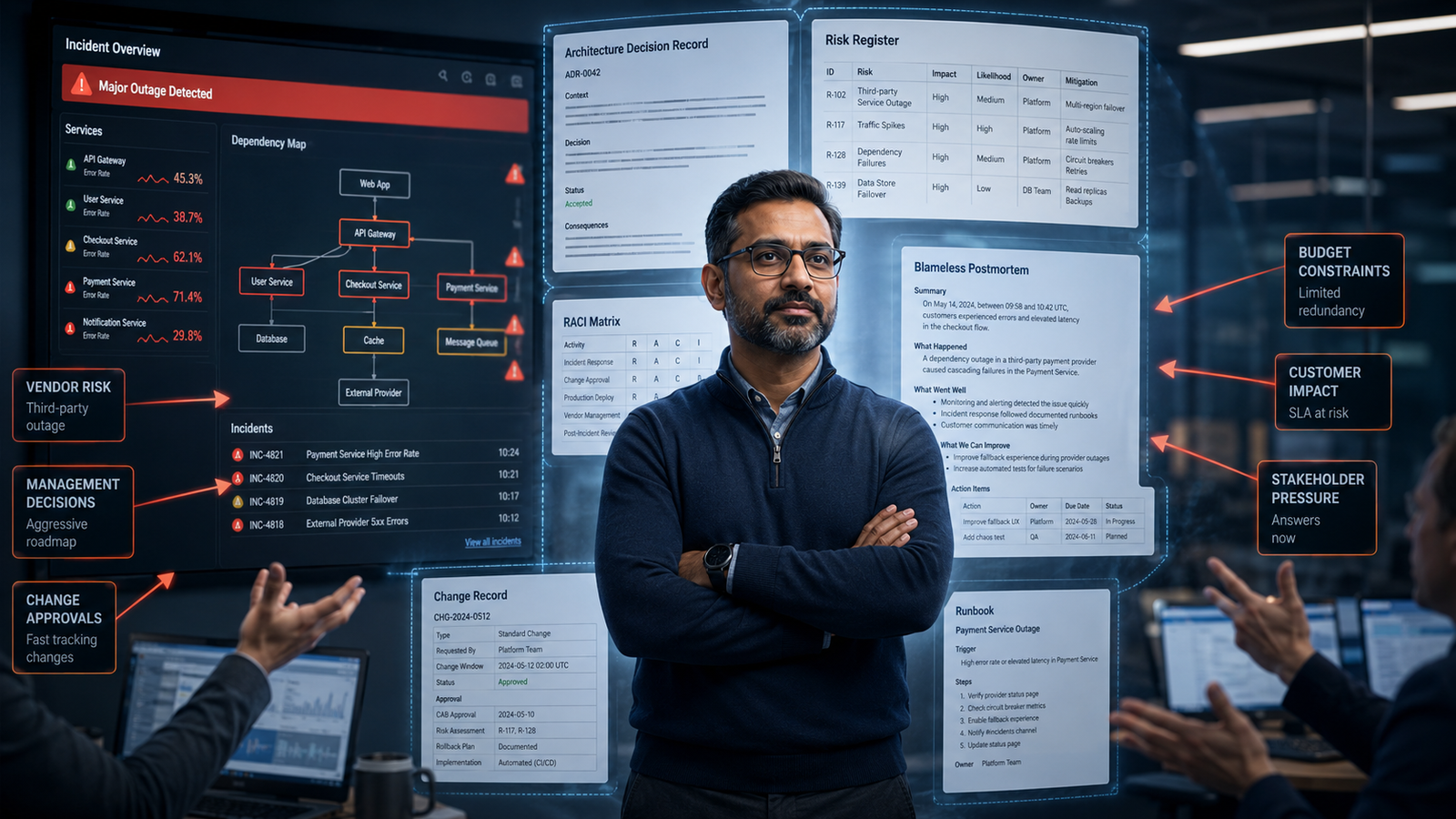 Cloud engineer standing calmly in front of outage dashboards and incident documents while organisational pressure arrows point toward them.