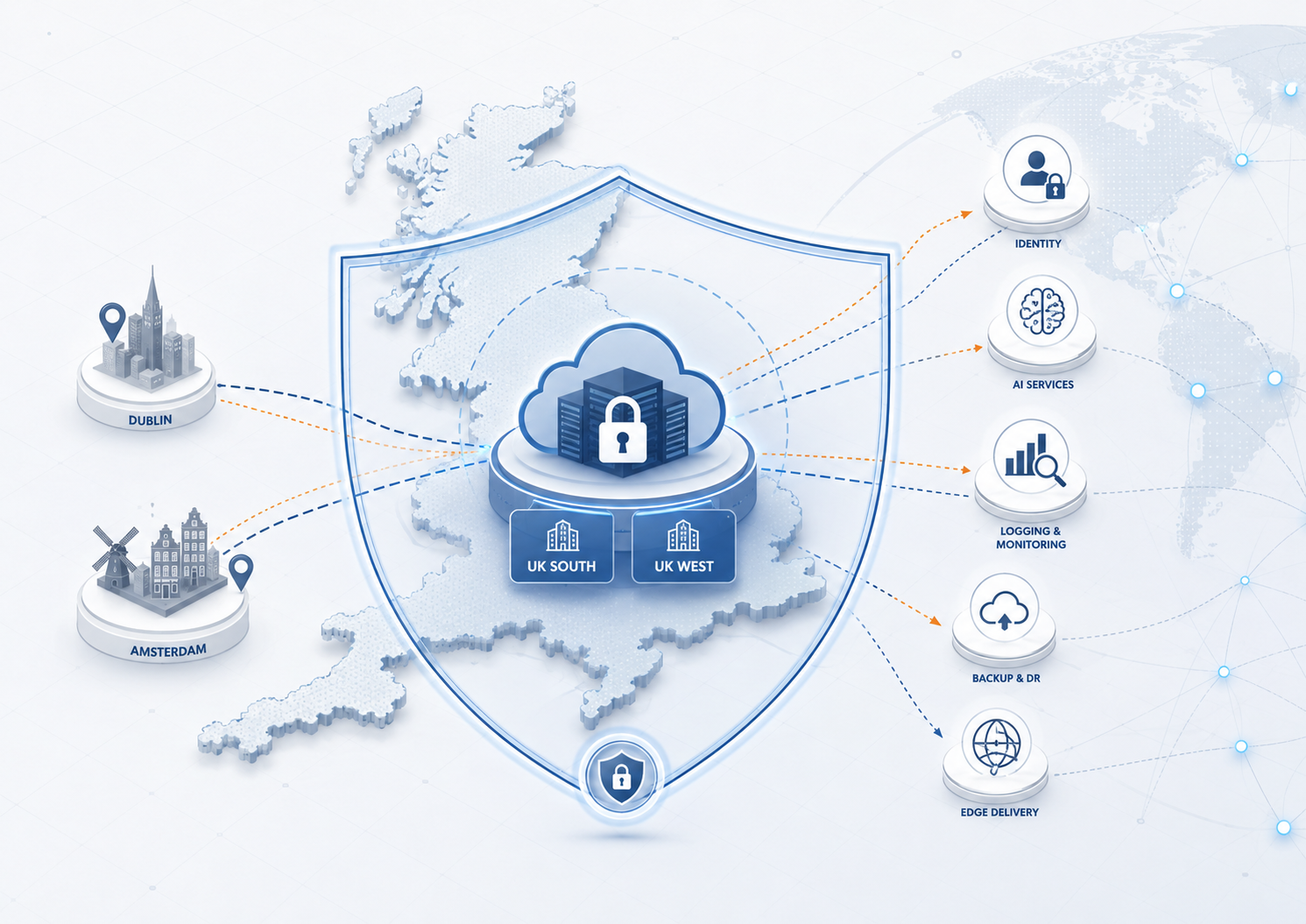 Azure data residency architecture showing a protected UK cloud platform with UK South and UK West inside a shield, while identity, AI, logging, backup and edge delivery flows extend beyond the UK boundary.