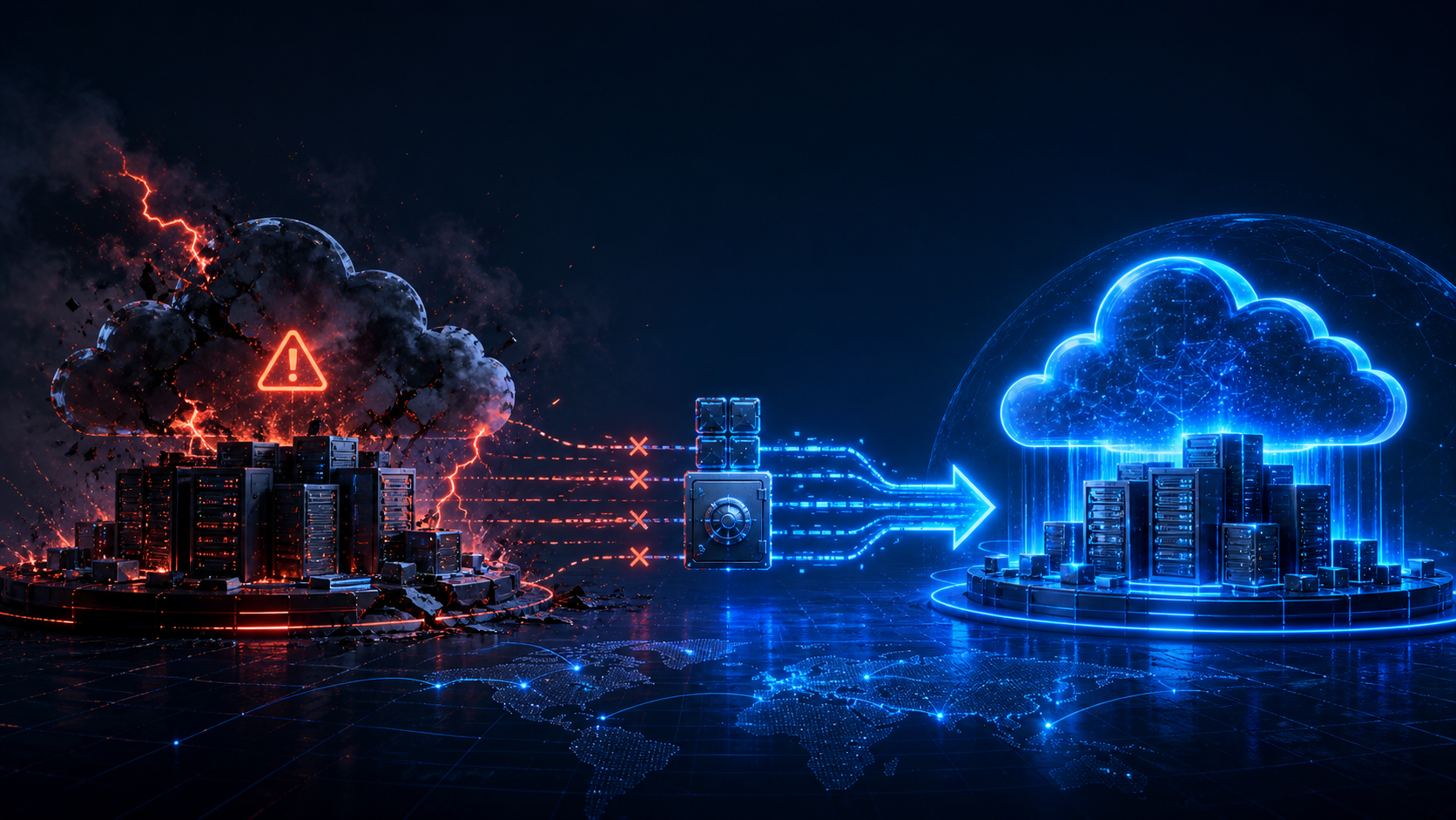 Cloud disaster recovery concept showing a failed red primary cloud environment failing over through backup and replication flows to a healthy blue recovery cloud environment.