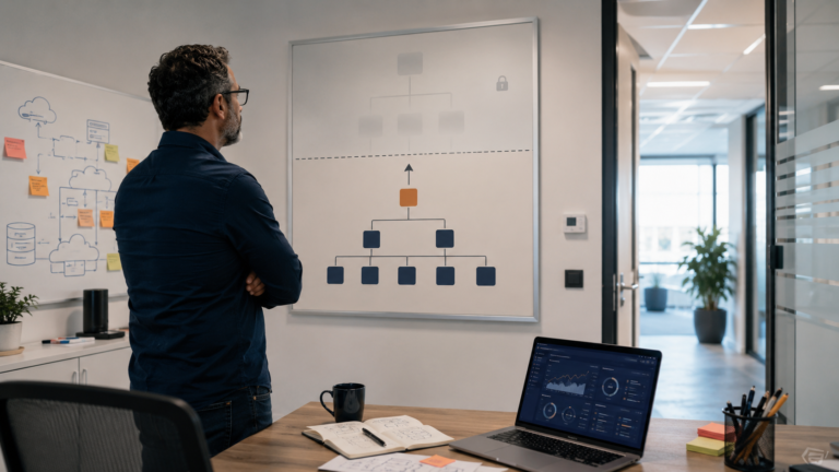 Senior cloud engineer in a modern office reviewing a career progression chart that stops at a blocked technical leadership level, with an open doorway suggesting a possible