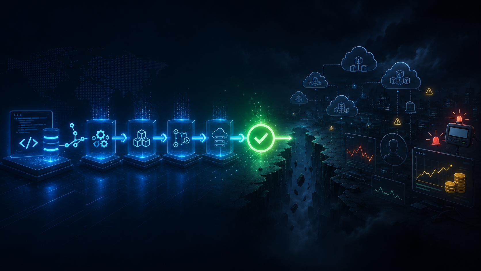 A glowing cloud deployment pipeline ends in a green success check, while the production environment beyond it shows alerts, monitoring dashboards, cost signals and an ownership gap.