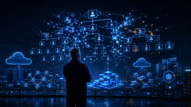 Senior cloud engineer standing in front of a glowing digital org chart breaking apart and reconnecting above cloud infrastructure.