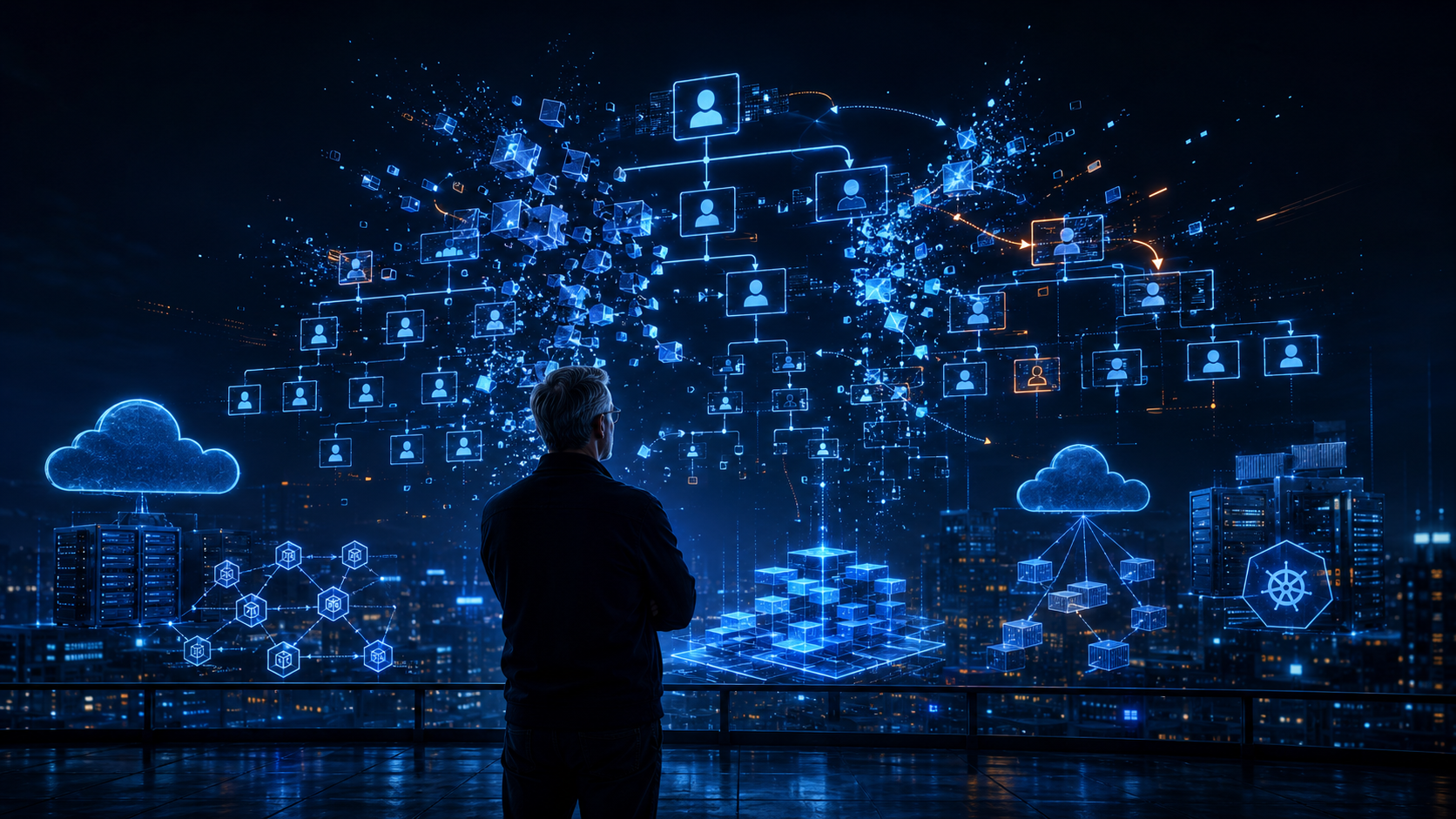 Senior cloud engineer standing in front of a glowing digital org chart breaking apart and reconnecting above cloud infrastructure.
