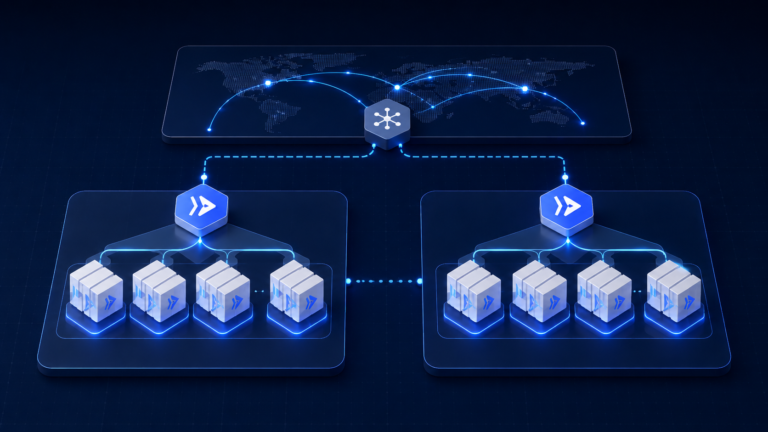 Illuminated Cloud Run architecture layer showing global routing into two regional service groups with repeated container instances on a dark blue technical background.