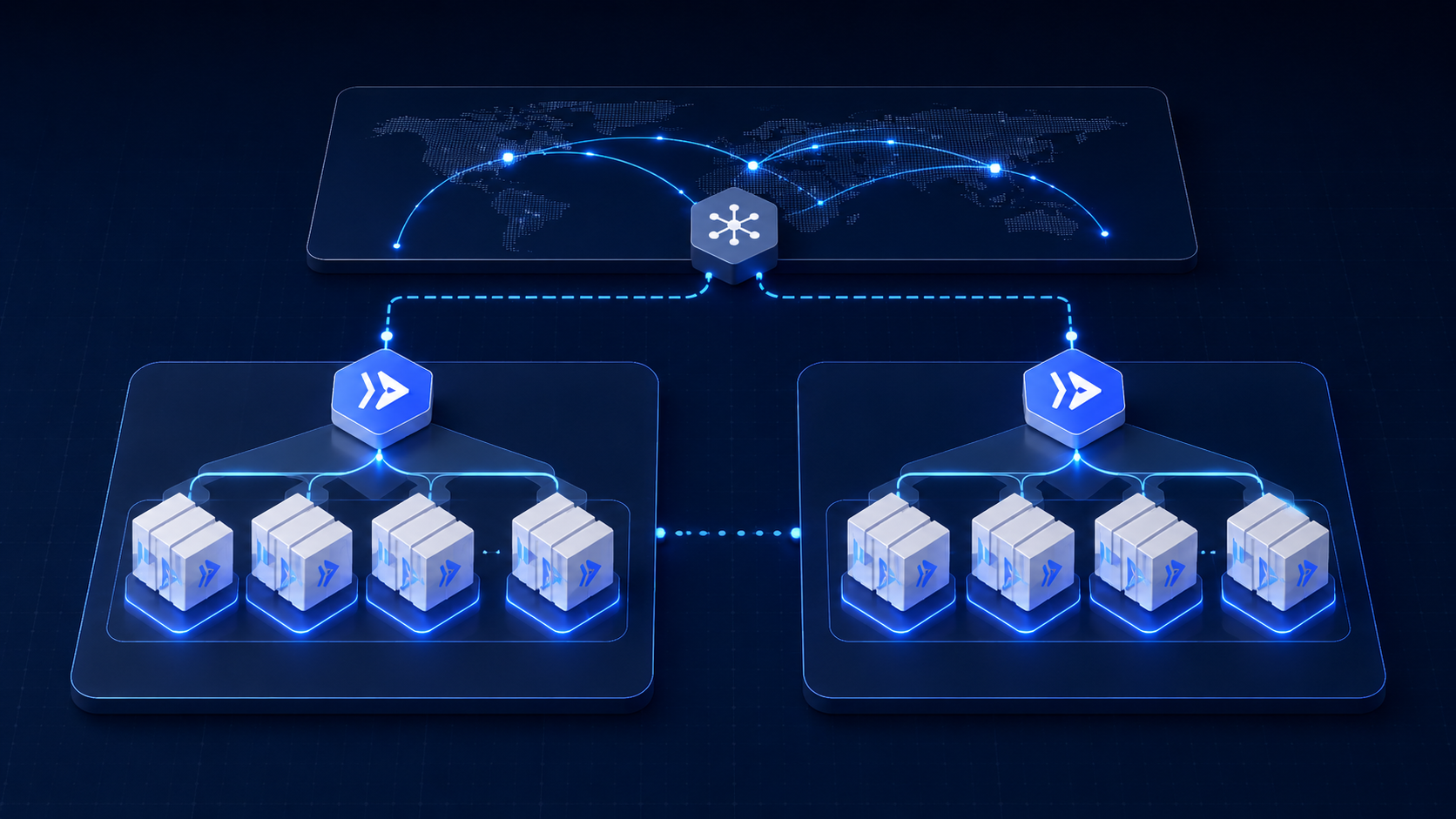 Illuminated Cloud Run architecture layer showing global routing into two regional service groups with repeated container instances on a dark blue technical background.