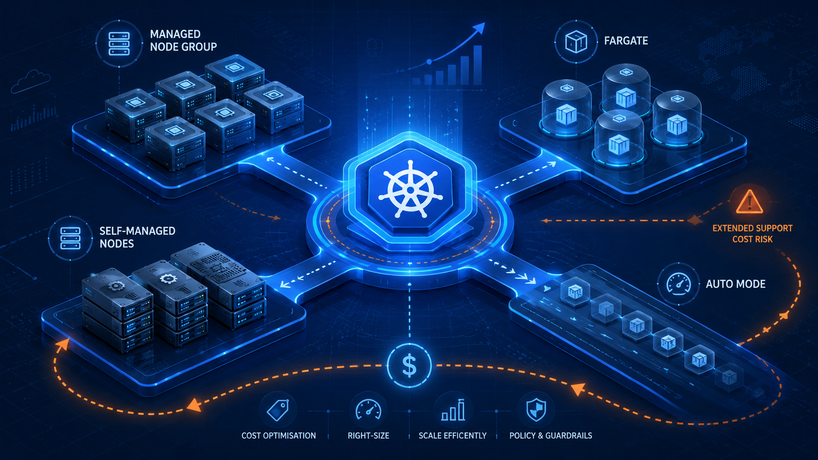 Isometric cloud architecture diagram showing a central Kubernetes control hub connected to managed node groups, Fargate, self-managed nodes and Auto Mode, with cost optimisation and extended support risk indicators.