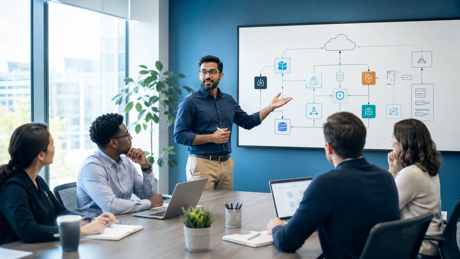 Cloud engineer leading a meeting in a modern office while presenting a cloud architecture diagram to colleagues.