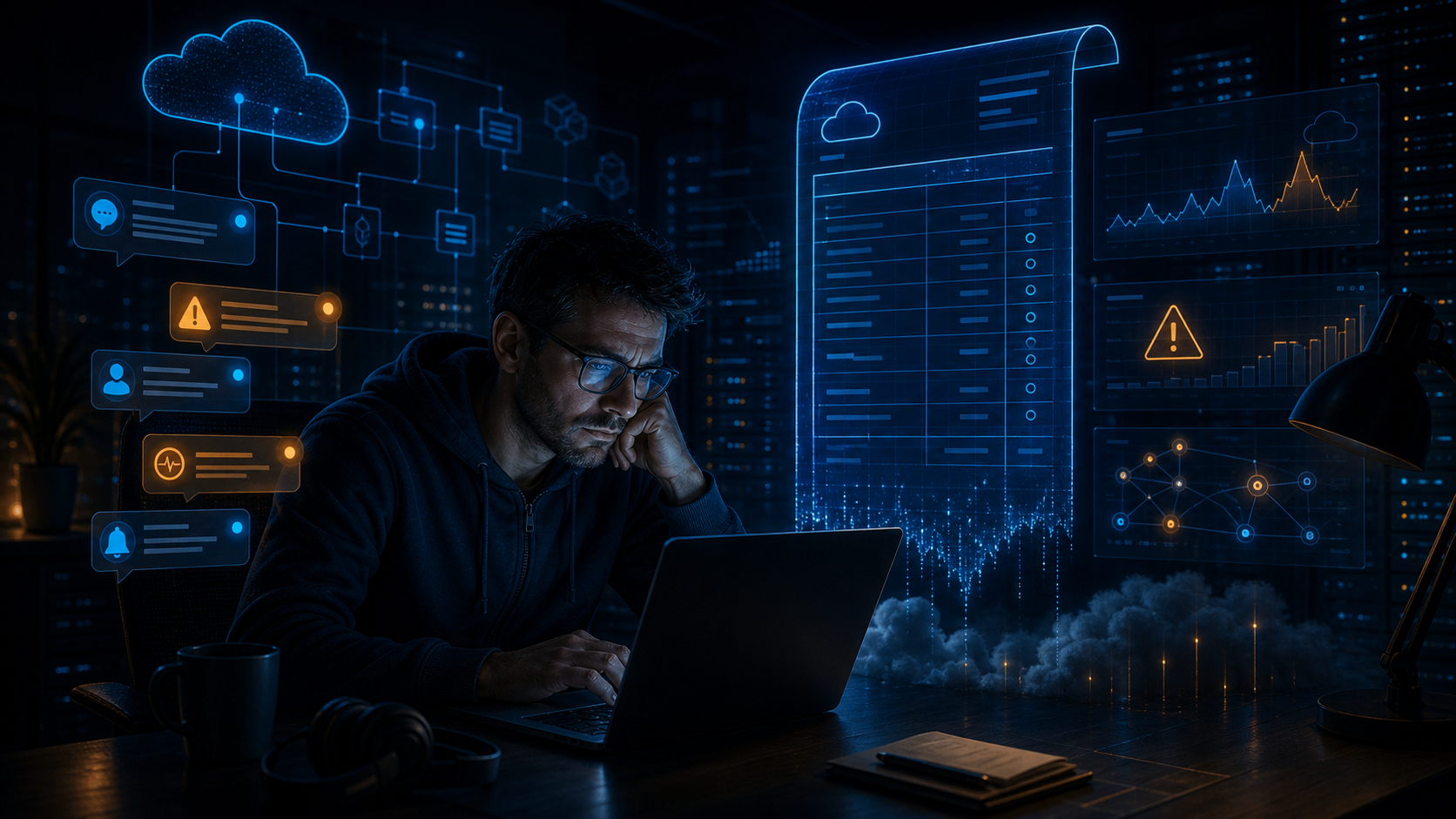 Cloud engineer working late at night with glowing monitoring alerts, cloud infrastructure diagrams, and a digital invoice representing unpaid on-call hours.