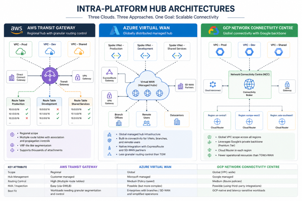 Comparison diagram of AWS Transit Gateway, Azure Virtual WAN, and GCP Network Connectivity Centre hub architectures and routing models