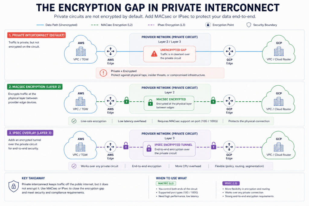 Diagram showing unencrypted private interconnect traffic and secure overlays using MACsec and IPsec to close the encryption gap