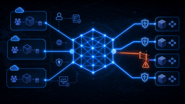 Abstract VPC Lattice service network diagram showing multiple VPCs routing through a central blue mesh, with one traffic path blocked by an orange warning gate before reaching a backend target.