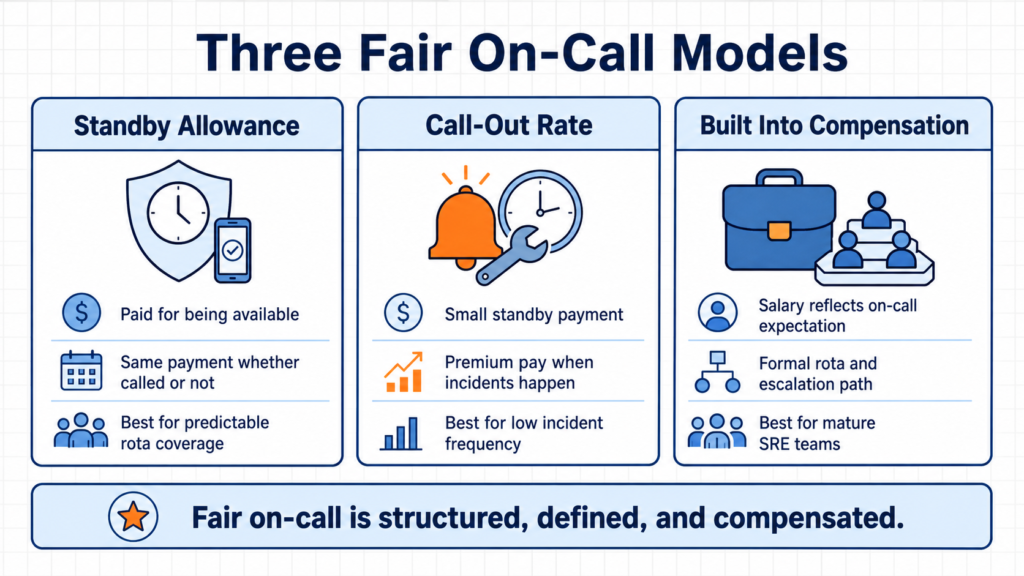 Three-column diagram comparing standby allowance, call-out rate, and built-in compensation models for fair on-call arrangements.