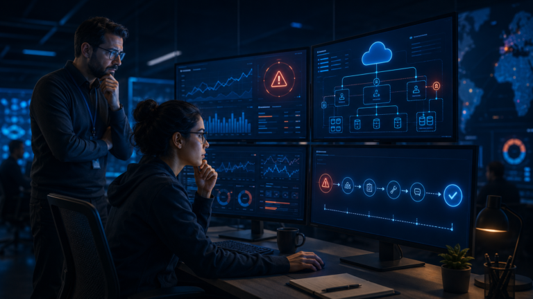 Cloud engineer responding to a production incident at a multi-screen workstation while a senior colleague supports from behind, with dashboards, alerts, and cloud architecture visuals on screen.