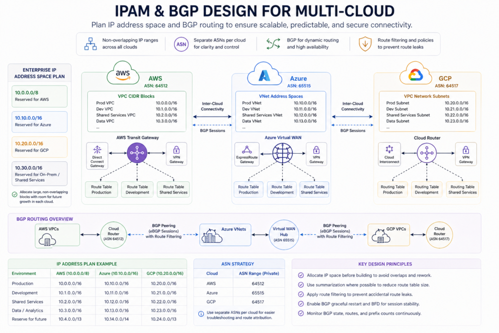 Multi-cloud IP address management and BGP routing design with non-overlapping CIDR blocks and ASN segmentation across AWS, Azure, and GCP”