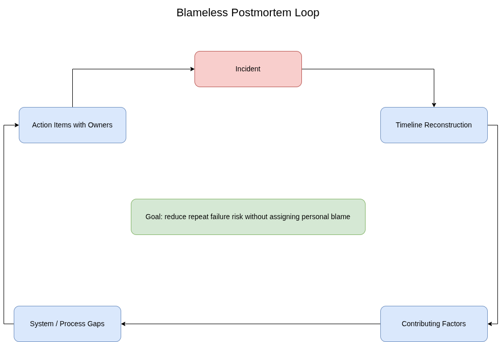 Loop diagram showing an incident moving through timeline reconstruction, contributing factors, system gaps, action items and follow-up review.