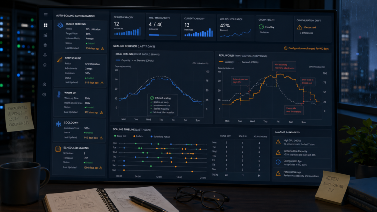 AWS-style auto-scaling operations dashboard showing target tracking, step scaling, warm-up, cooldown and scheduled scaling panels with warning indicators for ageing configuration assumptions.