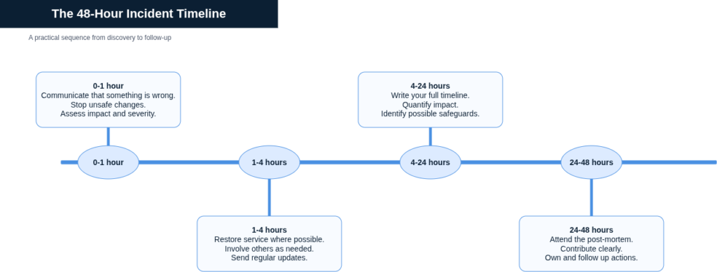 Horizontal timeline showing the first 48 hours after a production mistake, covering actions for 0 to 1 hour, 1 to 4 hours, 4 to 24 hours, and 24 to 48 hours, including communication, recovery, documentation, and post-mortem follow-up.