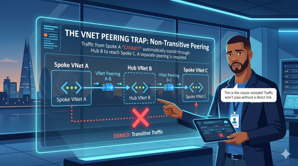 A diagram titled 'THE VNET PEERING TRAP: Non-Transitive Peering,' featuring a male cloud engineer pointing at a holographic interface. The diagram illustrates that peering between Spoke A and Hub B, and Hub B and Spoke C, does not allow traffic to transit directly from Spoke A to Spoke C, marked with a large red X.