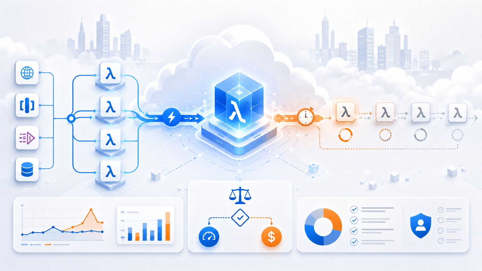 Bright cloud architecture illustration showing AWS Lambda-style serverless functions branching into fast warm execution and delayed cold-start paths, with dashboard elements for latency, cost, and governance decisions.