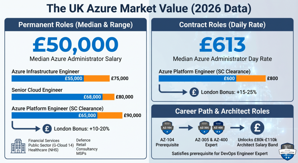 A data infographic titled 'The UK Azure Market Value (2026 Data)' comparing salaries. It lists permanent median salary at £50,000 and contract daily rate at £613, with range charts for specific roles like Infrastructure Engineer and Platform Engineer, and a visual representation of career progression toward Solutions Architect roles.