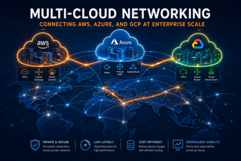Abstract multi-cloud networking architecture showing interconnected environments across AWS, Azure, and GCP with highlighted enterprise data flow paths