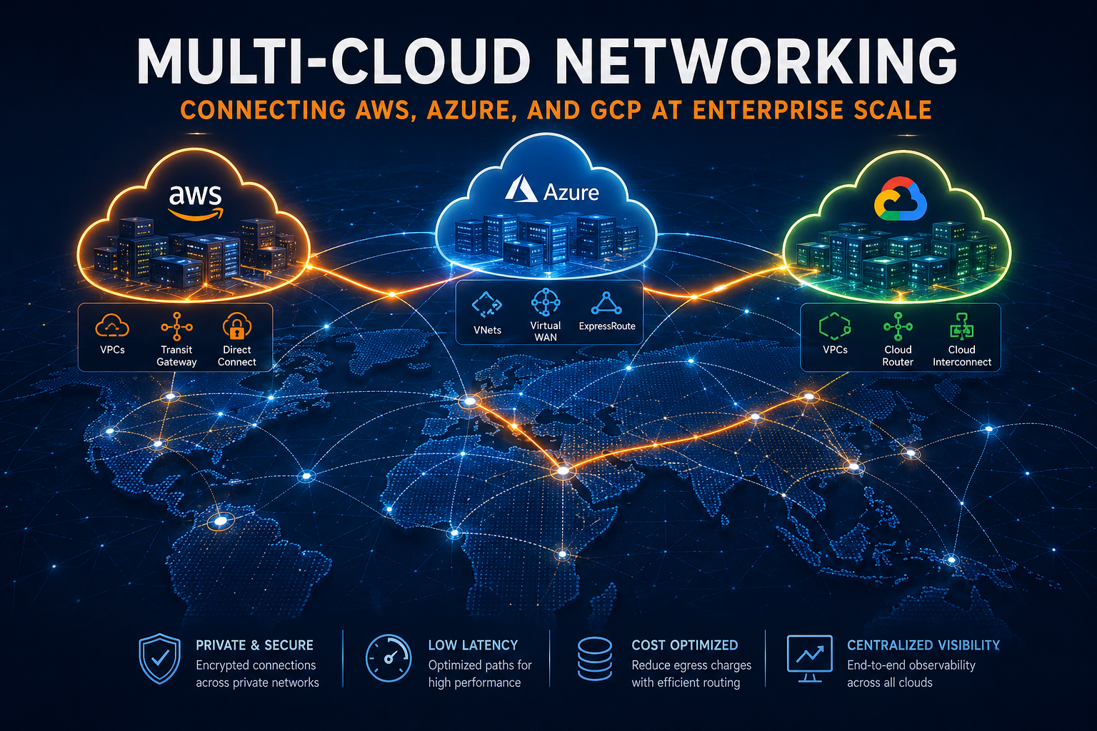 Abstract multi-cloud networking architecture showing interconnected environments across AWS, Azure, and GCP with highlighted enterprise data flow paths