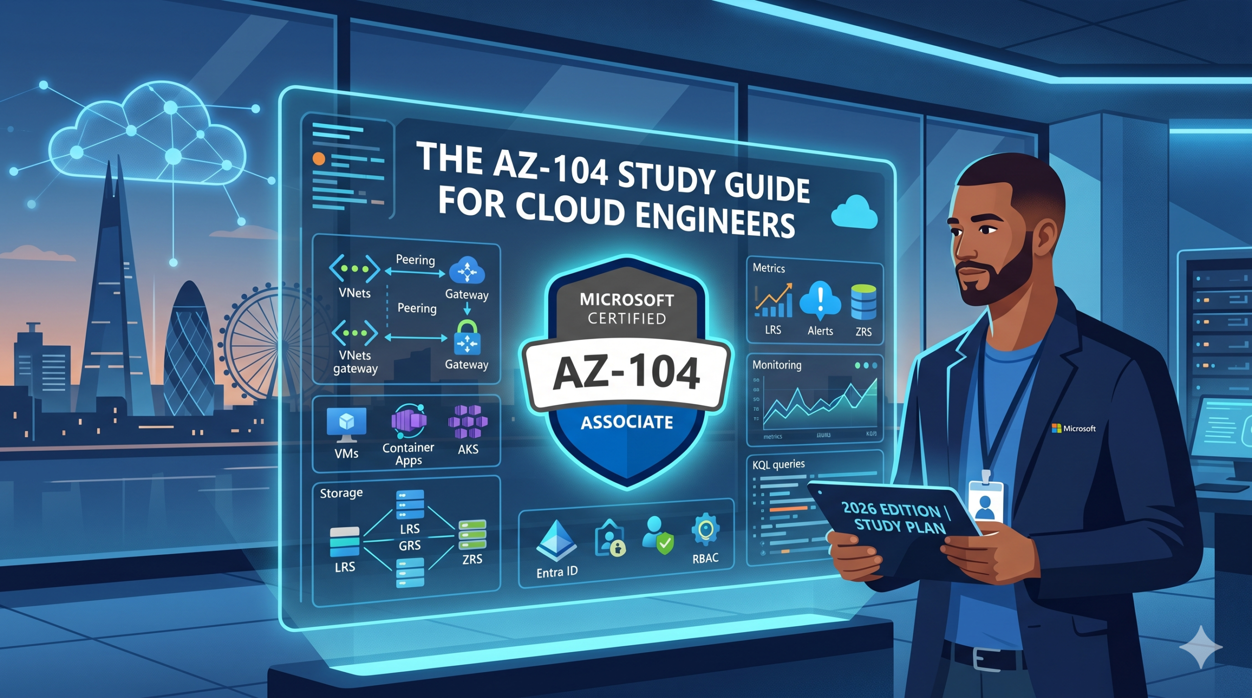 Feature image showing a male cloud engineer with a beard looking intently at a futuristic, holographic digital dashboard containing the Microsoft Certified AZ-104 Associate badge, architectural diagrams, and the title 'THE AZ-104 STUDY GUIDE FOR CLOUD ENGINEERS: 2026 EDITION'.