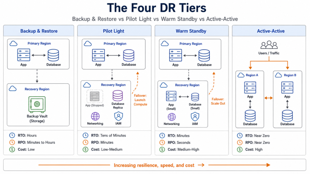 Comparison diagram showing four cloud disaster recovery tiers: backup and restore, pilot light, warm standby and active-active, with increasing RTO, RPO, cost and resilience.