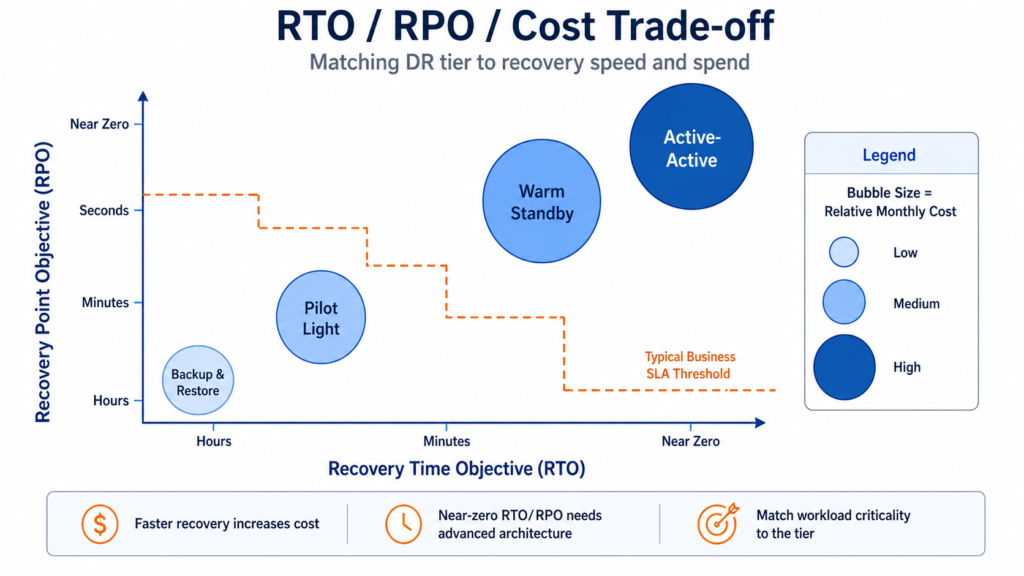 Bubble chart comparing disaster recovery tiers by recovery time objective, recovery point objective and relative monthly cost, from backup and restore to active-active.