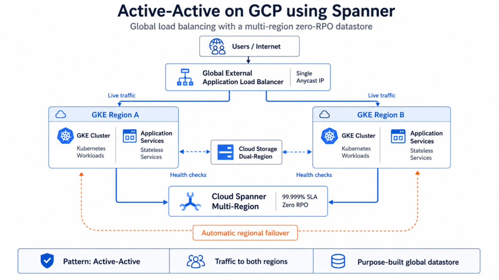 GCP active-active architecture showing users routed through a Global External Application Load Balancer to two GKE regions connected to a multi-region Cloud Spanner datastore with zero RPO and Cloud Storage dual-region support.