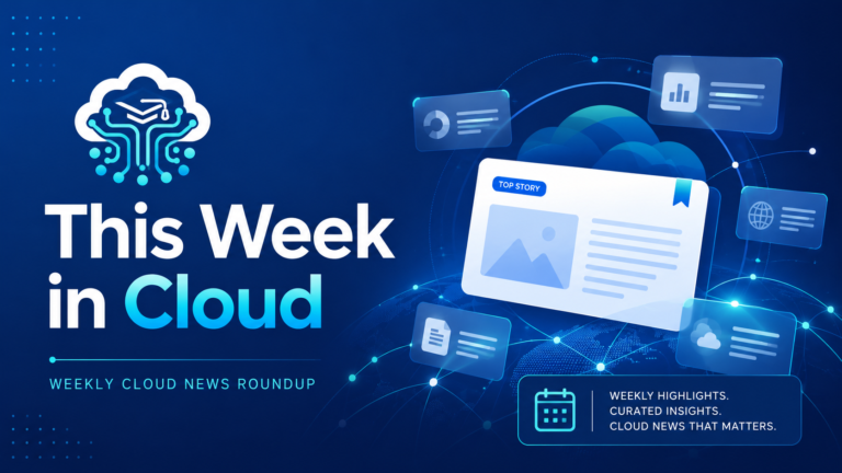 Branded “This Week in Cloud” banner showing a cloud technology logo, floating news cards, network lines, and a weekly cloud news roundup theme on a blue digital background.