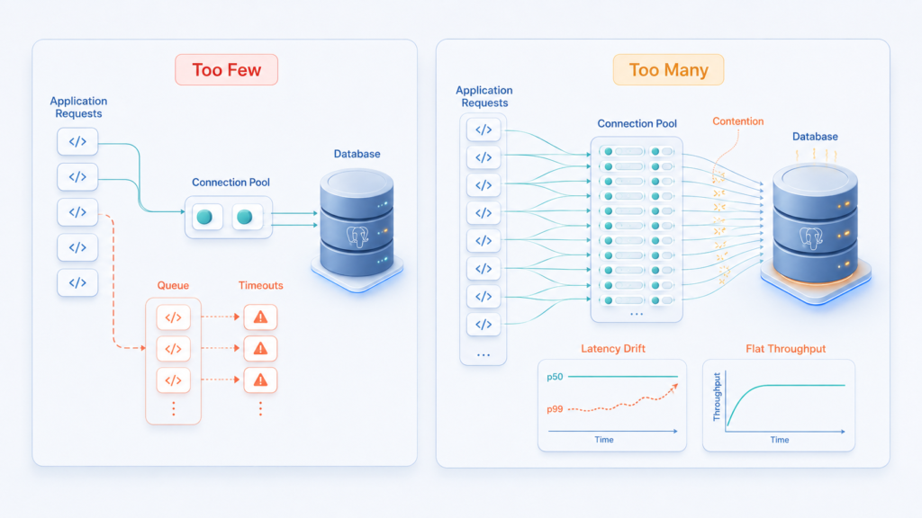Side-by-side diagram comparing too few database connections causing queues and timeouts with too many connections causing contention, p99 latency drift, and flat throughput.