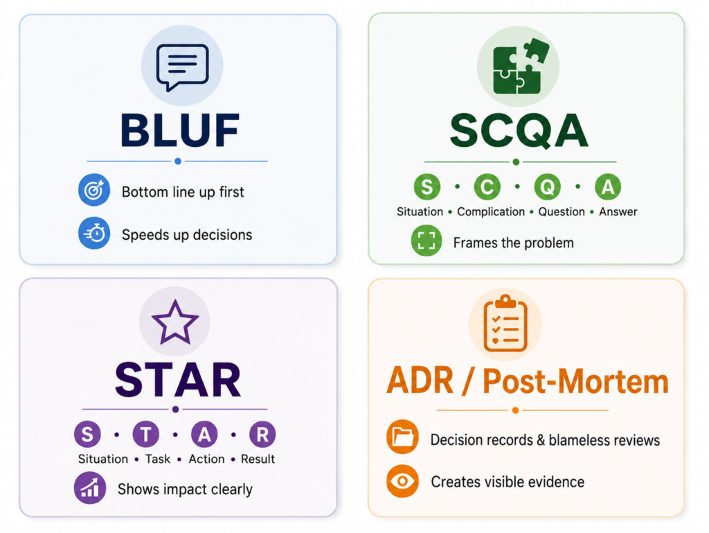 Infographic showing four communication frameworks for cloud engineers: BLUF, SCQA, STAR, and ADR/post-mortem, with short explanations of how each supports clearer decisions and career progression.